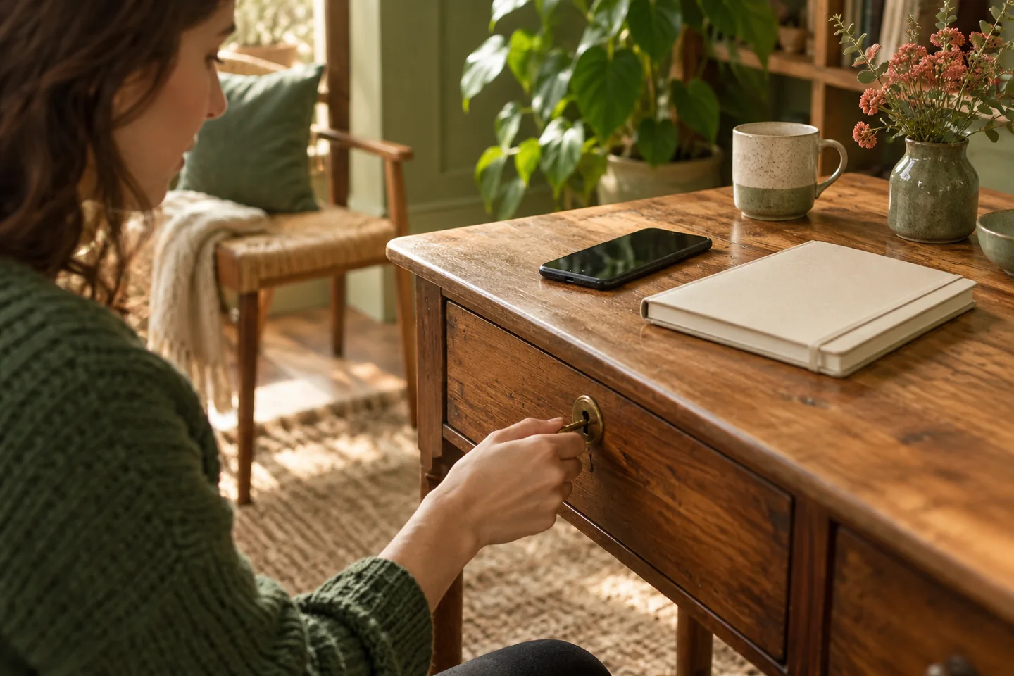 A phone and notebook above a closed desk drawer