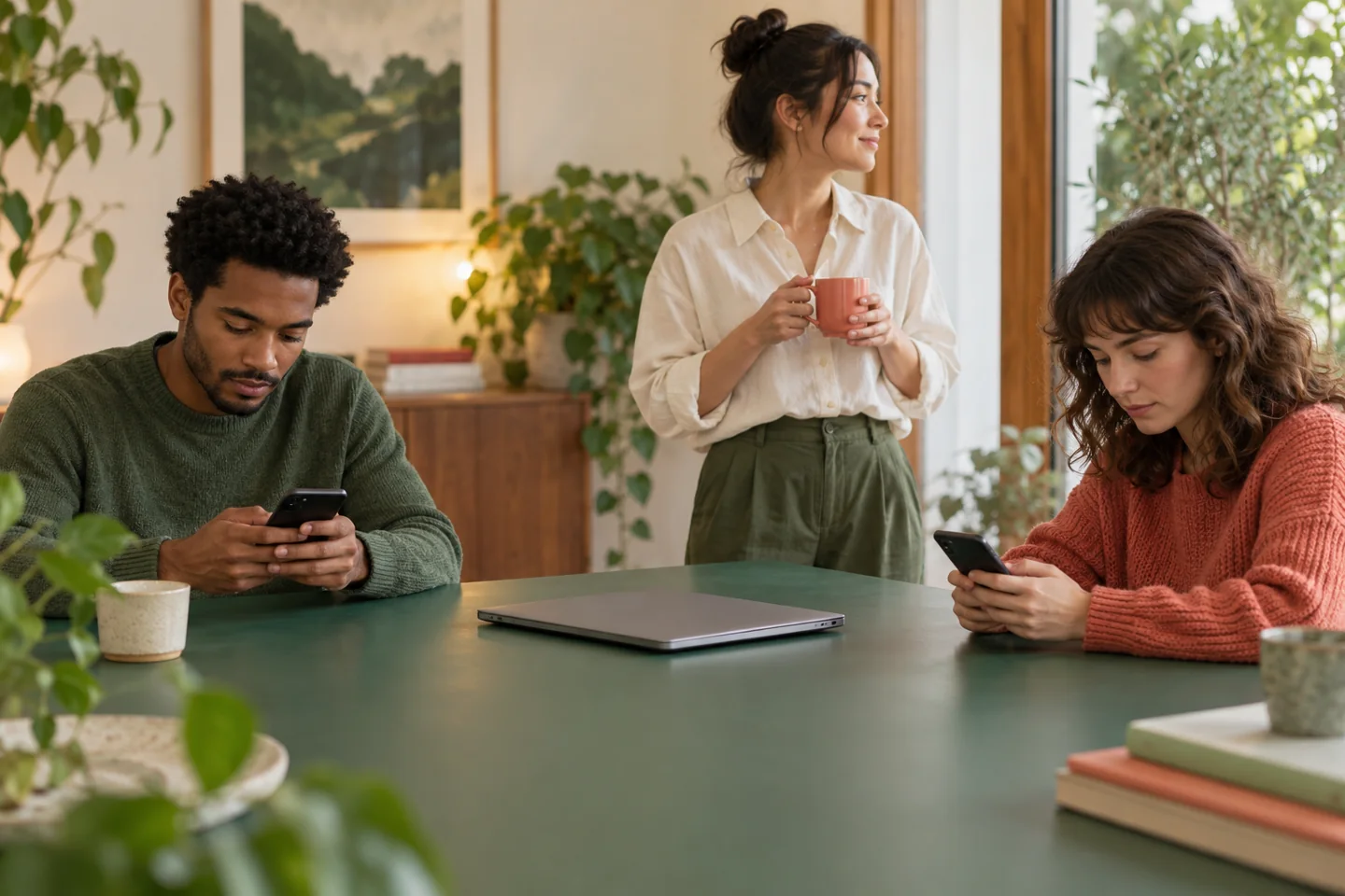 Two phones at separate points on a green desk