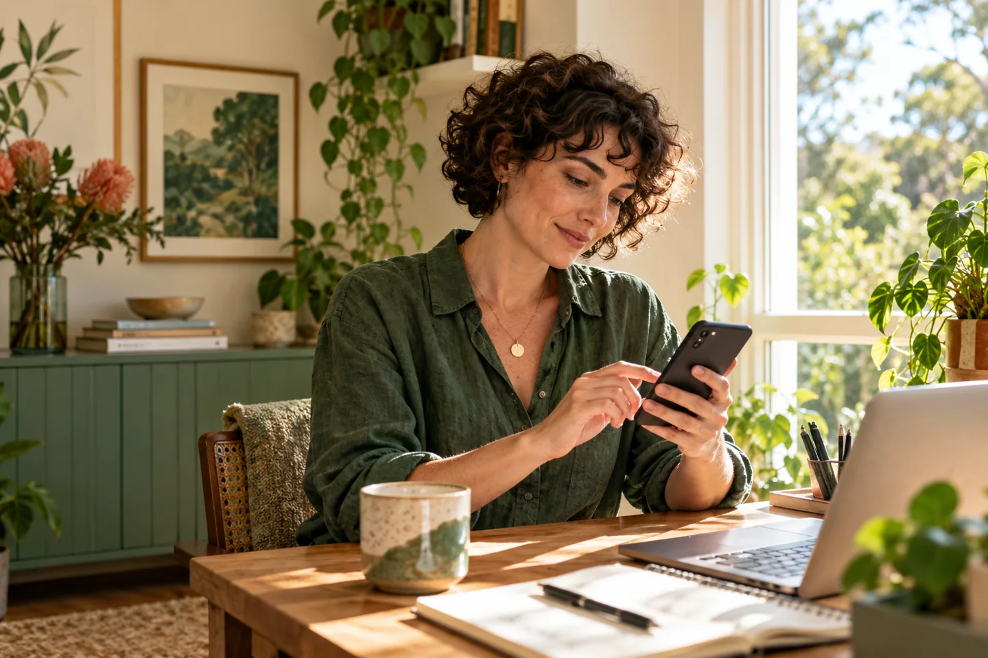 A person considering a phone in a quiet green-toned workspace