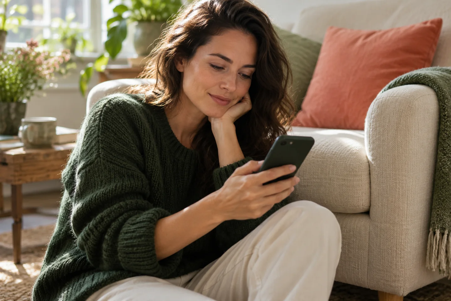 A phone held privately beside a linen armchair