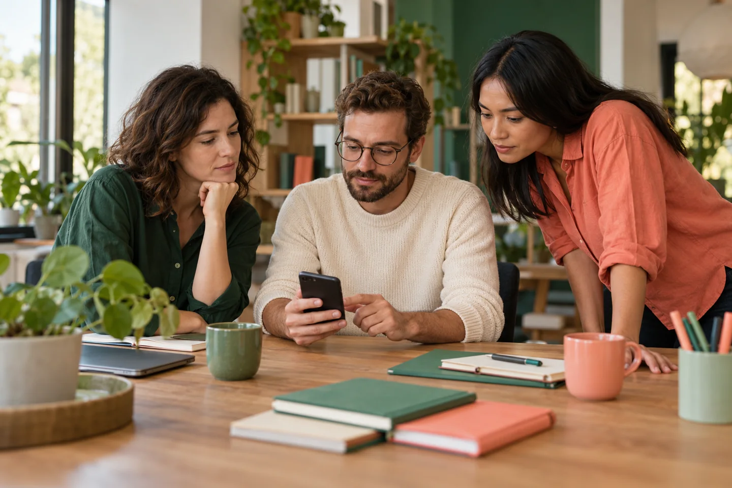 Colleagues considering a shared office phone