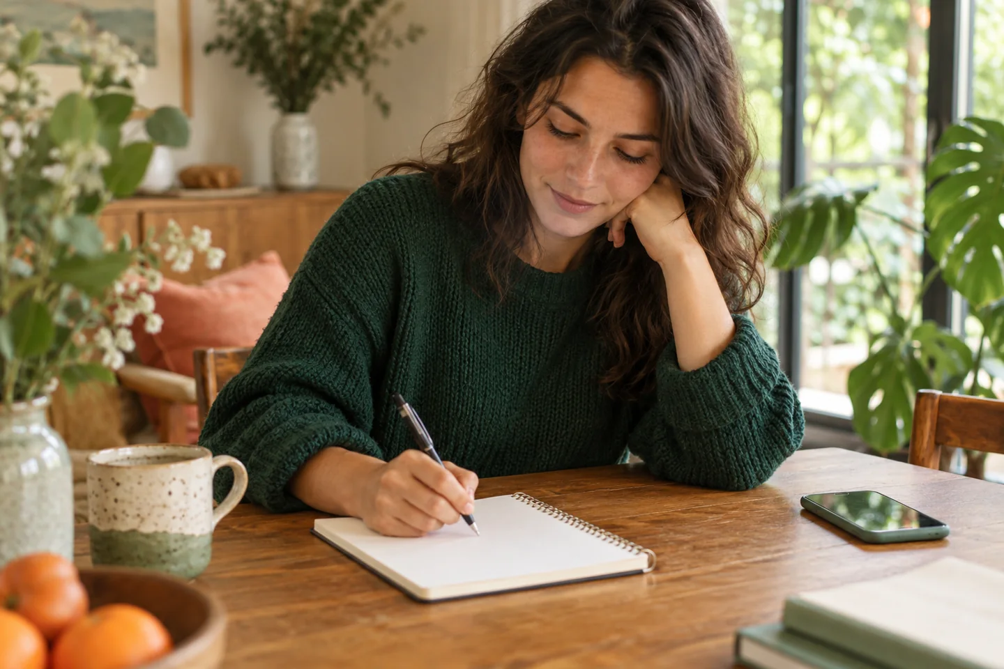 A person preparing a short support note beside a phone
