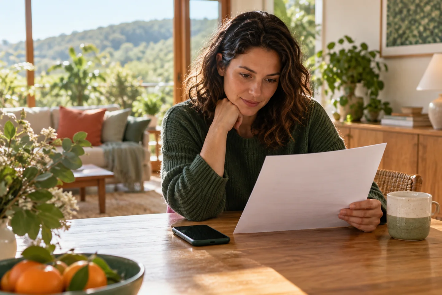 A reader carefully checking a plain information sheet